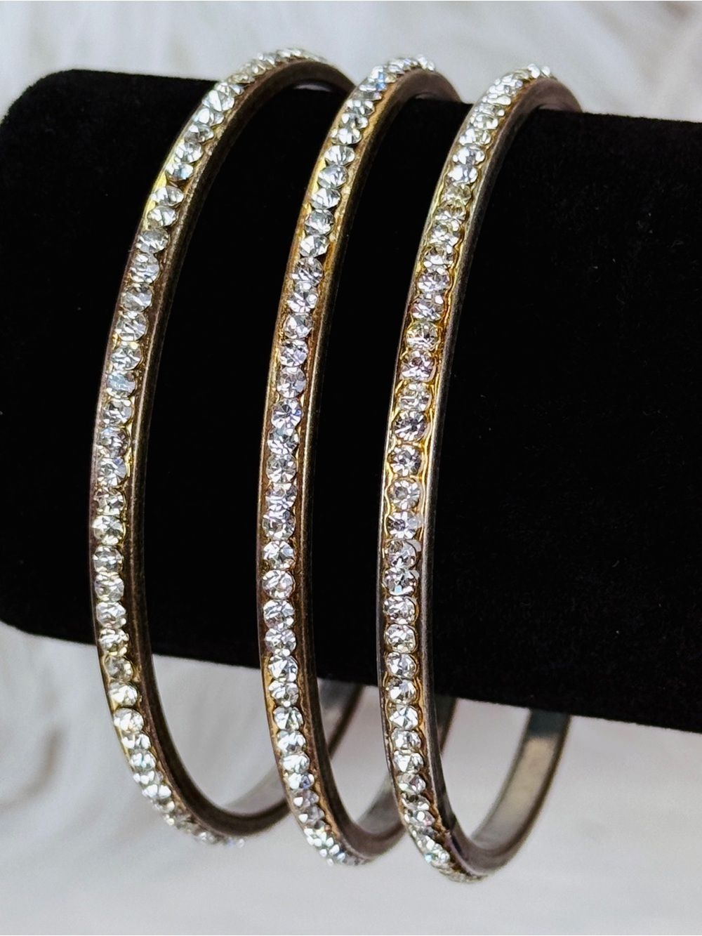 Vintage 3 Aged Silvertone Crystal Bangle Bracelet Set